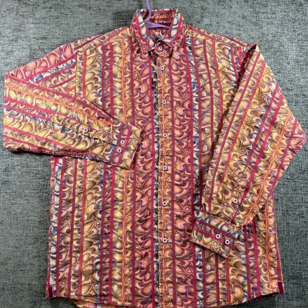Luchiano Visconti Black Shirt Mens L Multicolor Psychedelic Stripe Italian Fabri